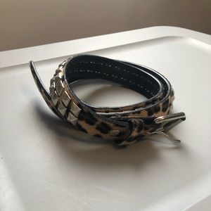 Leopard print pyramid studded belt
